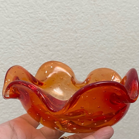 Murano Style Art Glass Controlled Bubble Bullicante Orange Ruffled Candy Dish - Picture 4 of 13